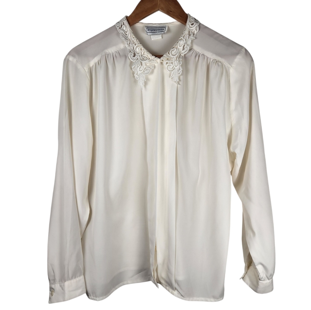 Vintage Impressions Of California Long Sleeve White BLOUSE/TOP Lace Collar Sz 12